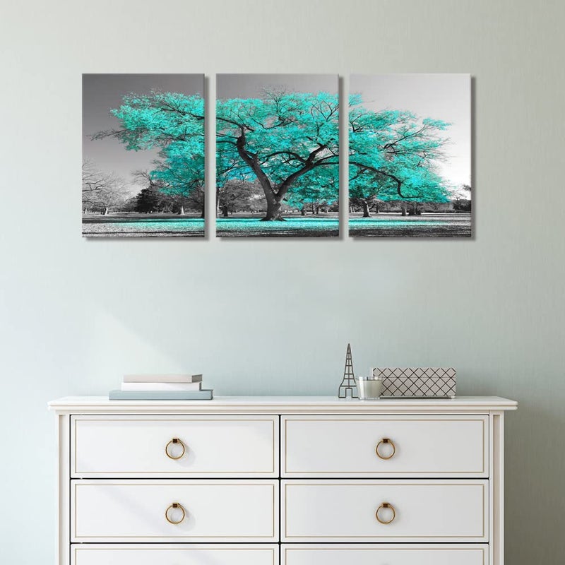 Visual Art Decor Teal and Grey Bedroom Picture for Wall 3 Pieces Turquoise Blossom Tree of Life Canvas Prints Framed Tree Painting Artwork for Modern Living Room Home Office Bathroom Decoration - Image 4